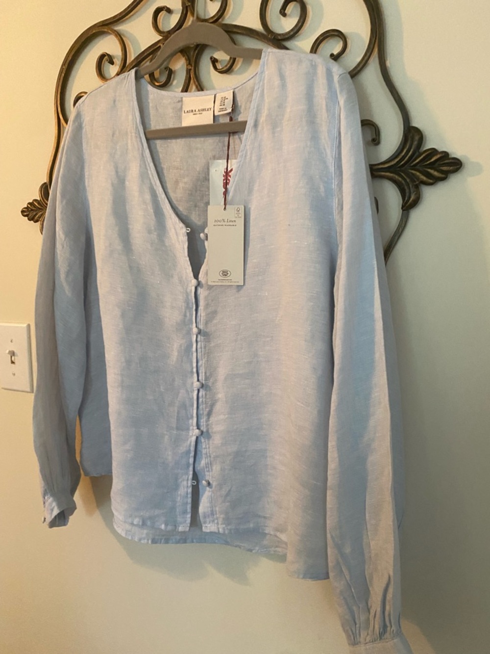 Laura Ashley Pale Blue Linen Tie-Front Blouse